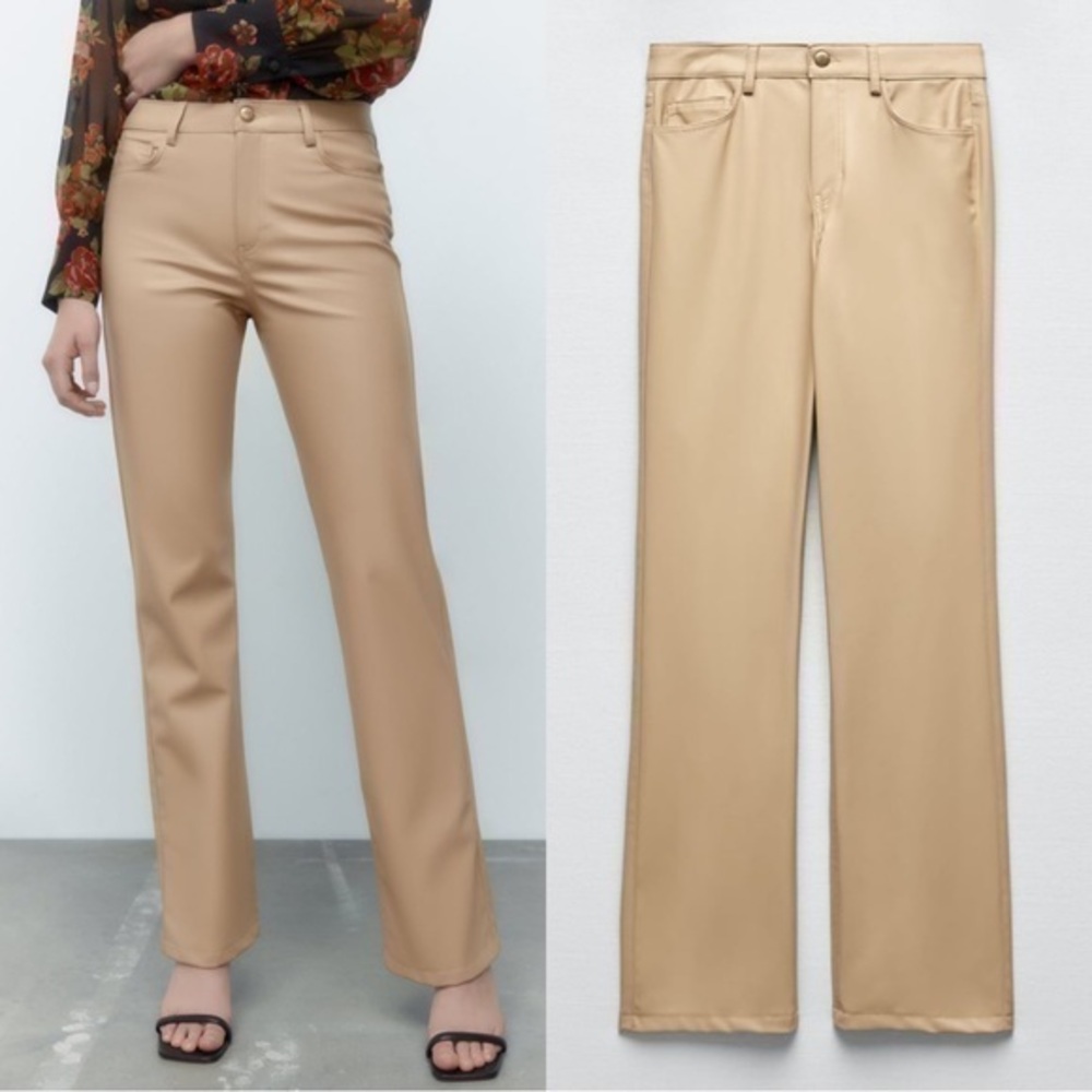 NWT Zara Straight Leg Faux Leather Pants Beige